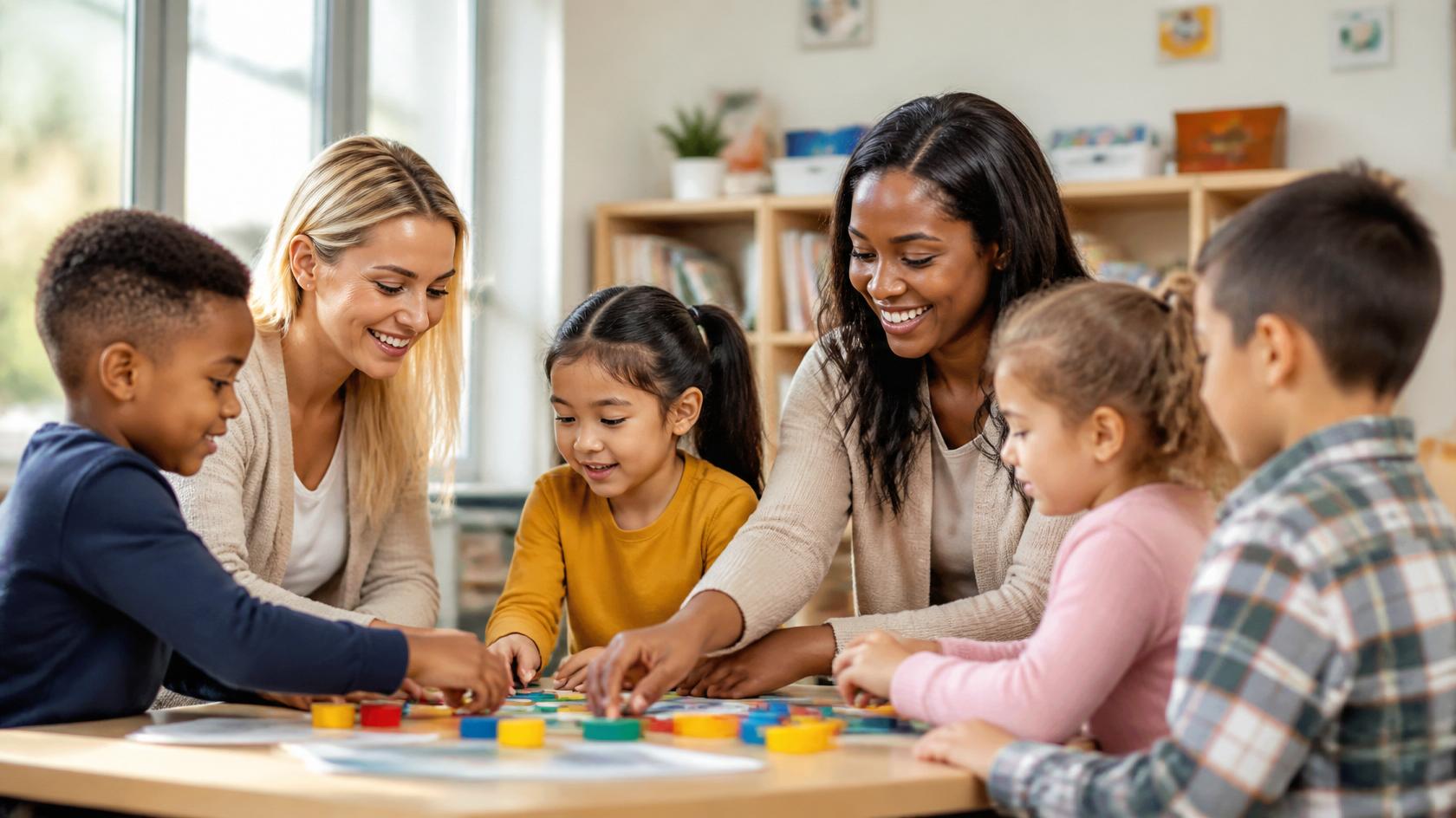 Diverse children engaged in learning activities alongside caring educators in a warm, supportive environment